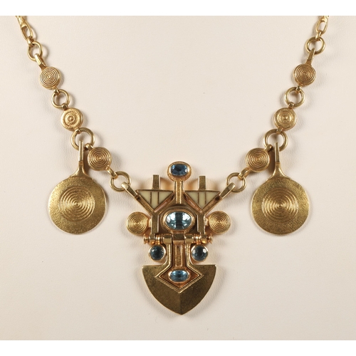 175 - Robert Crerar (Scottish) 18ct gold necklace of Egyptian inspiration with spear-shaped drop set with ... 