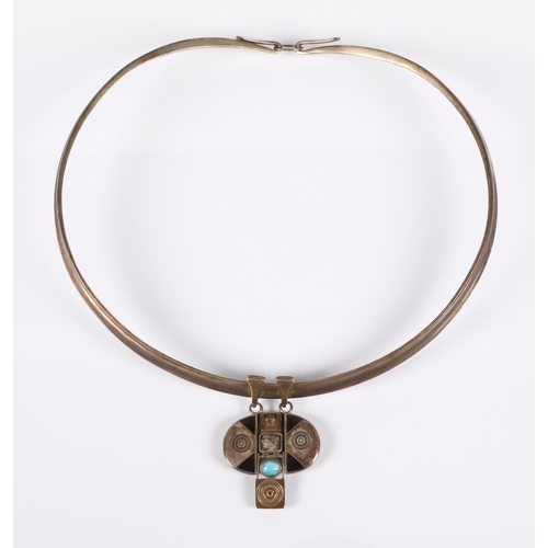 173 - Robert Crerar (Scottish) Silver torque necklace with opal and inlaid drop, 50g gross.... 