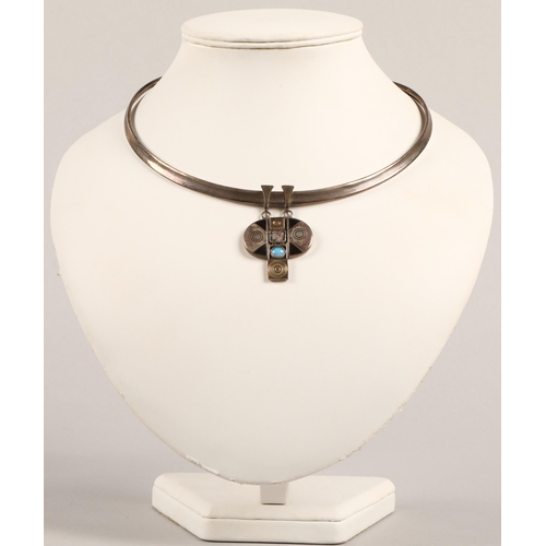 173 - Robert Crerar (Scottish) Silver torque necklace with opal and inlaid drop, 50g gross.... 