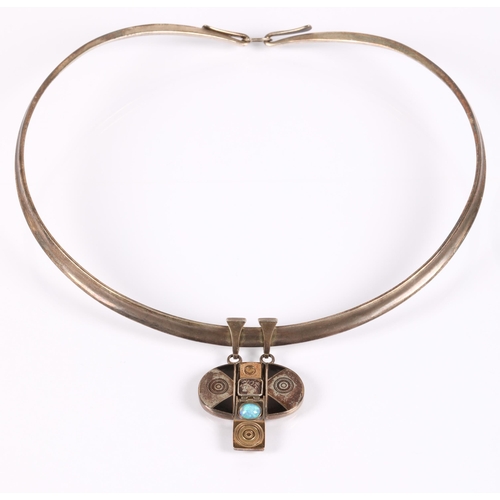 173 - Robert Crerar (Scottish) Silver torque necklace with opal and inlaid drop, 50g gross.... 