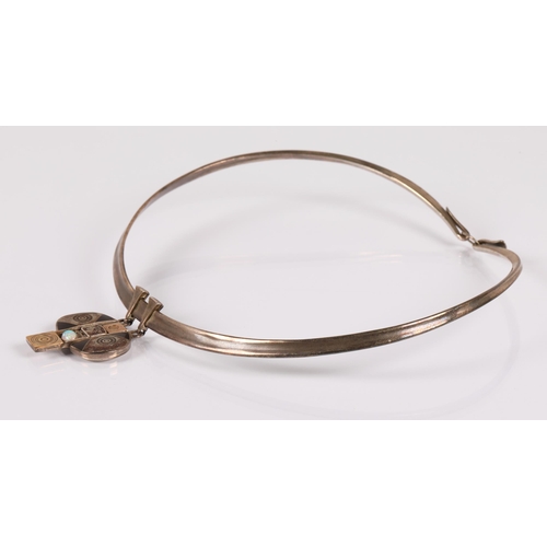 173 - Robert Crerar (Scottish) Silver torque necklace with opal and inlaid drop, 50g gross.... 