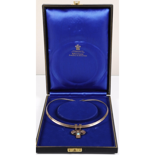 173 - Robert Crerar (Scottish) Silver torque necklace with opal and inlaid drop, 50g gross.... 