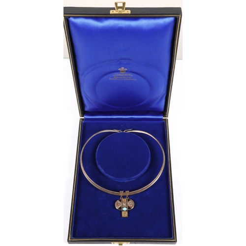 173 - Robert Crerar (Scottish) Silver torque necklace with opal and inlaid drop, 50g gross.... 