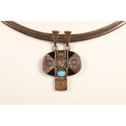 173 - Robert Crerar (Scottish) Silver torque necklace with opal and inlaid drop, 50g gross.... 