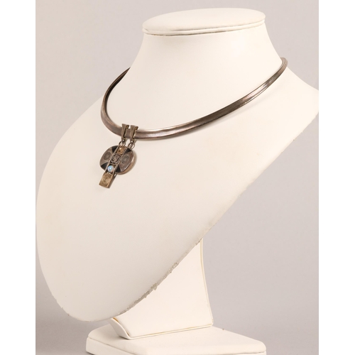 173 - Robert Crerar (Scottish) Silver torque necklace with opal and inlaid drop, 50g gross.... 