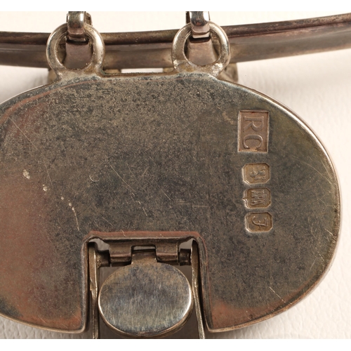 173 - Robert Crerar (Scottish) Silver torque necklace with opal and inlaid drop, 50g gross.... 