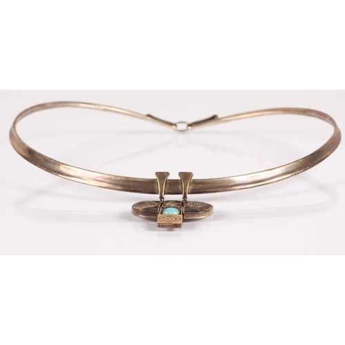 173 - Robert Crerar (Scottish) Silver torque necklace with opal and inlaid drop, 50g gross.... 