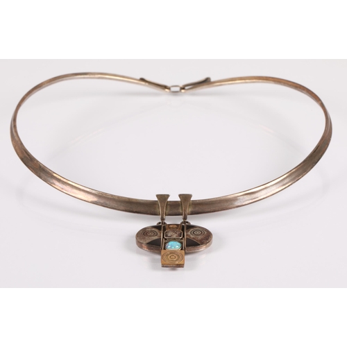 173 - Robert Crerar (Scottish) Silver torque necklace with opal and inlaid drop, 50g gross.... 