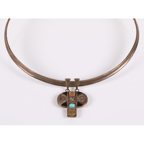 173 - Robert Crerar (Scottish) Silver torque necklace with opal and inlaid drop, 50g gross.... 