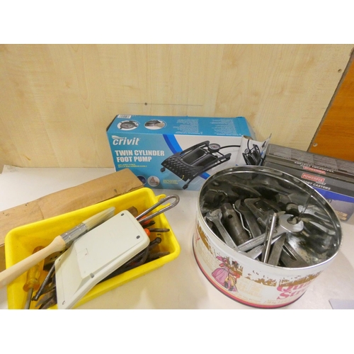 27 - Large box of  various hand tools to include spanners, foot pump etc.