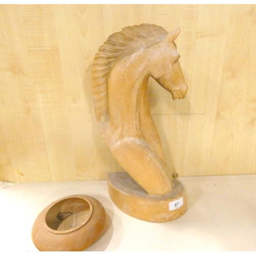 67 - Large carved treen horses head 39cm and treen bowl.