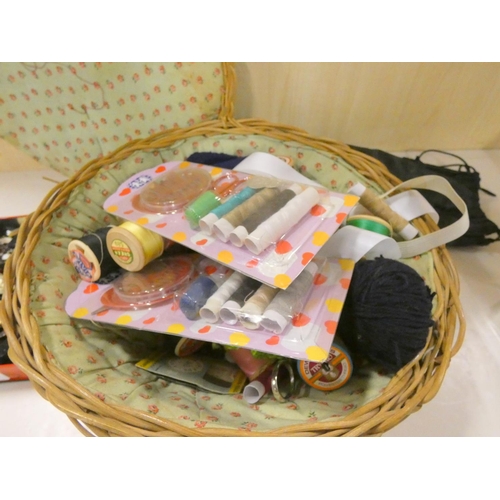 69 - Box of vintage buttons and sewing basket.