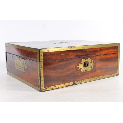 1 - 19th century mahogany work box with brass bound corners and recessed handles, 32cm wide.