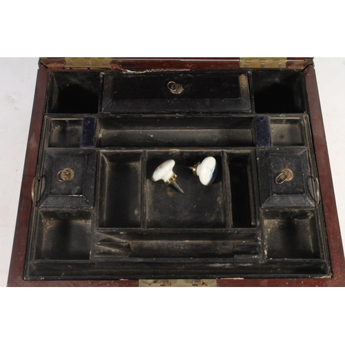 1 - 19th century mahogany work box with brass bound corners and recessed handles, 32cm wide.