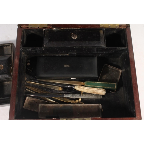 1 - 19th century mahogany work box with brass bound corners and recessed handles, 32cm wide.