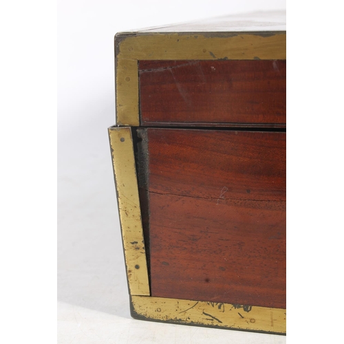 1 - 19th century mahogany work box with brass bound corners and recessed handles, 32cm wide.