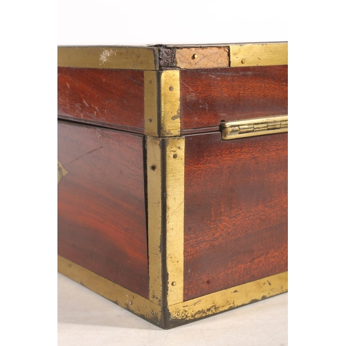 1 - 19th century mahogany work box with brass bound corners and recessed handles, 32cm wide.