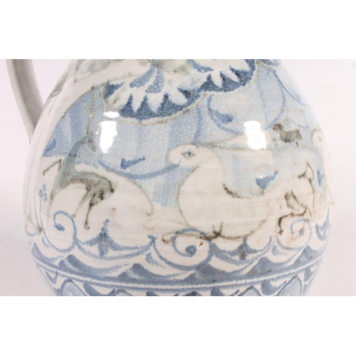 20 - Aldermaston pottery maiolica/faience style jug decorated with hares and deer being chased by hounds,... 