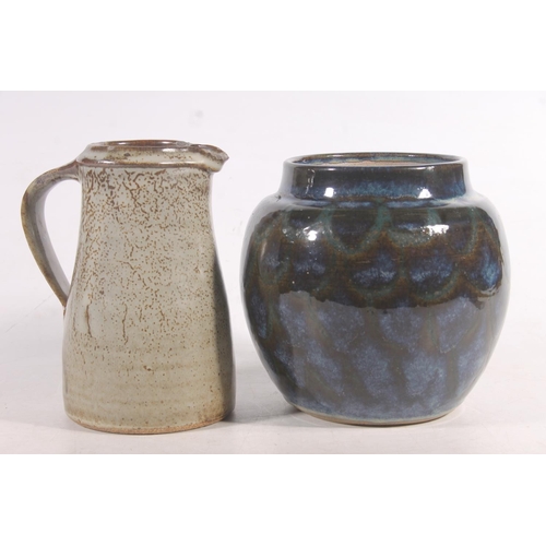 26 - Susan Miller Studio Pottery to include a green fruit bowl and a jar, and a Studio Pottery jug with i... 