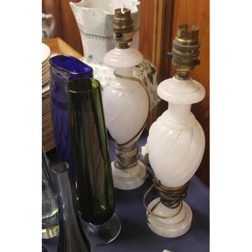 31 - Pair of alabaster table lamp bases, and Studio Glass bud vases.