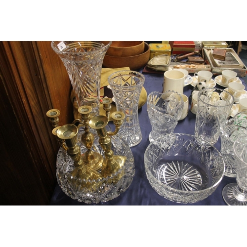 35 - Cut-glass crystal, brass candlesticks, etc.