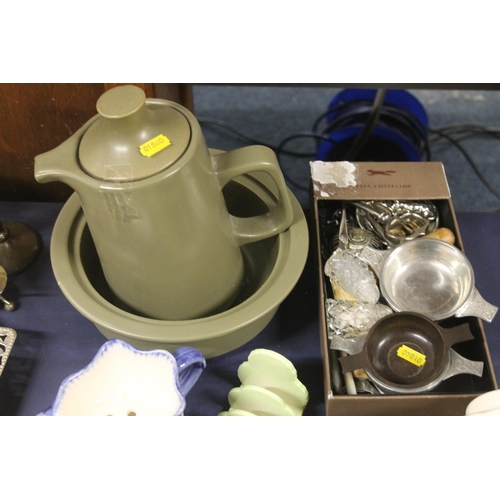 58 - Pottery to include a Carlton Ware toastrack, a Govancroft stoneware jug and bowl, etc. and silver-pl... 