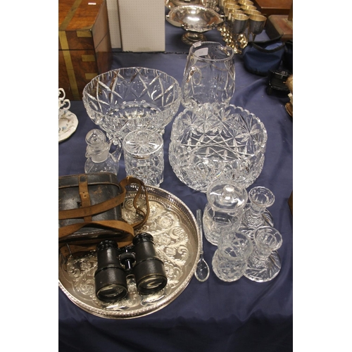 67 - Cut-glass and crystal to include bowls, a silver-plated tray and Lameire of Paris field binoucluars.