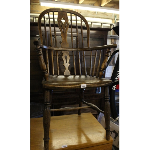 685 - Antique oak windsor style open armchair with spindle back.