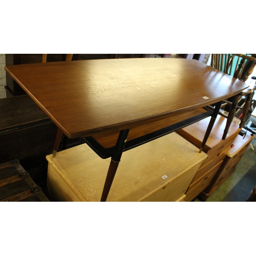 686 - Teak two tier coffee table with label below, 'Aase Travebrik Gonddal', 148cm wide x 55cm tall.