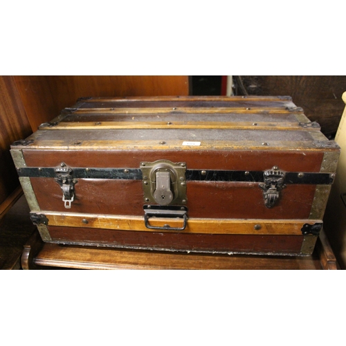 689 - Wood bound rectangular trunk, 75cm wide.