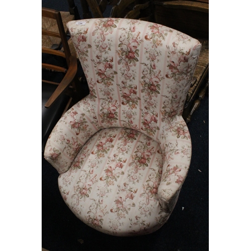 734 - Floral upholstered mahogany ladies tub chair.