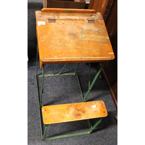 737 - Vintage wooden metal bound child's desk, maker Tan-Sad of England.