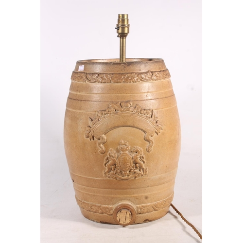 129 - Victorian stoneware barrel converted into a table lamp, 47cm high.