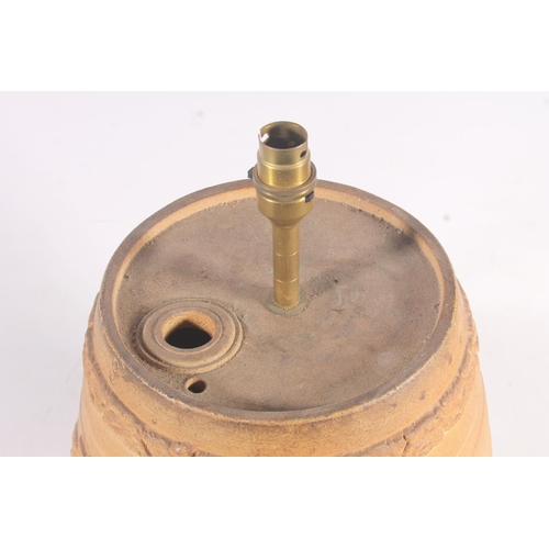 129 - Victorian stoneware barrel converted into a table lamp, 47cm high.