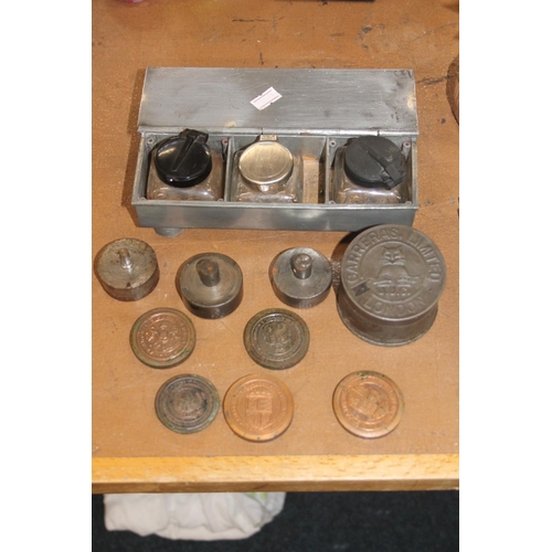 134 - Victorian pewter inkstand and Victorian metal seals.