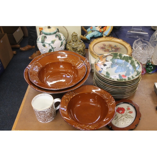 135 - Collectors plates, a green glazed figure of a Chinese man, a pottery lamp base, etc.