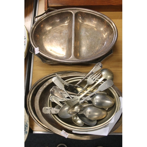 155 - Collection of silver plated flatware, swing handled basket, tureens etc.