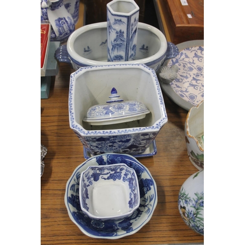 157 - Imari jug, India Jane jardineire, blue and white pots, etc.