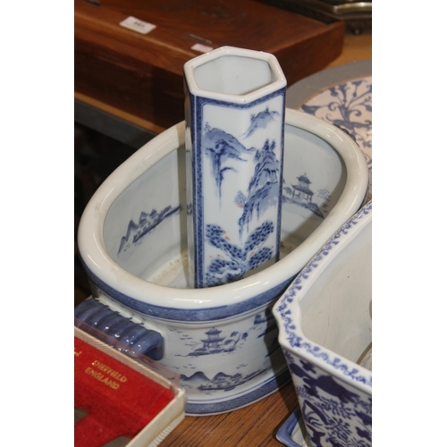 157 - Imari jug, India Jane jardineire, blue and white pots, etc.