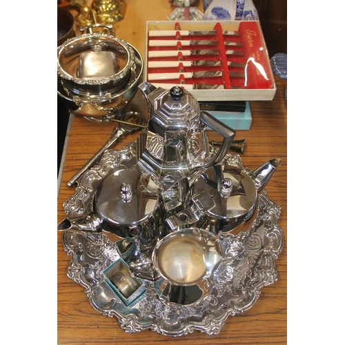 158 - Collection of silver plate including wine slides, tea service, salver etc.