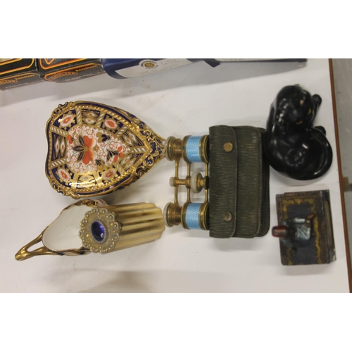 167 - Pair of enamelled opera glasses, Imari pot and cover, figure mounted vesta holder, jewel set pot etc... 