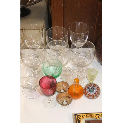 168 - Collection of glass rummers, uranium tot glass, paperweight etc.