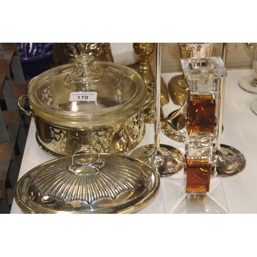 170 - A pair of brass candlesticks, silver plated candlesticks, jug, glass art deco style candlestick etc.