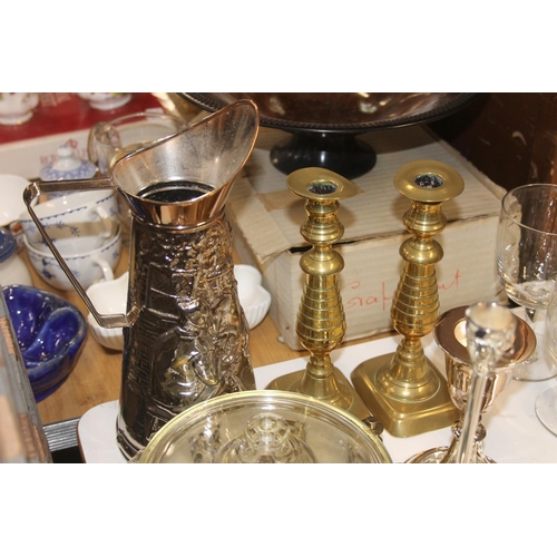 170 - A pair of brass candlesticks, silver plated candlesticks, jug, glass art deco style candlestick etc.
