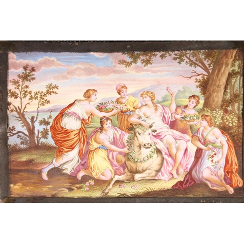 186 - 19thC continental painted porcelain plaque depicting Europa and the Bull in openwork wire and caboch... 