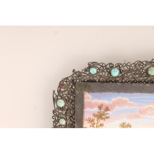 186 - 19thC continental painted porcelain plaque depicting Europa and the Bull in openwork wire and caboch... 