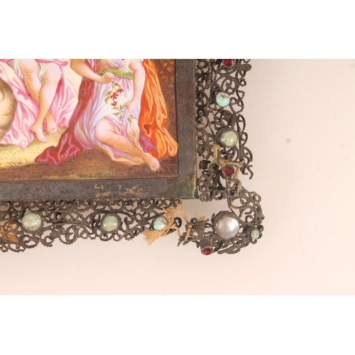 186 - 19thC continental painted porcelain plaque depicting Europa and the Bull in openwork wire and caboch... 