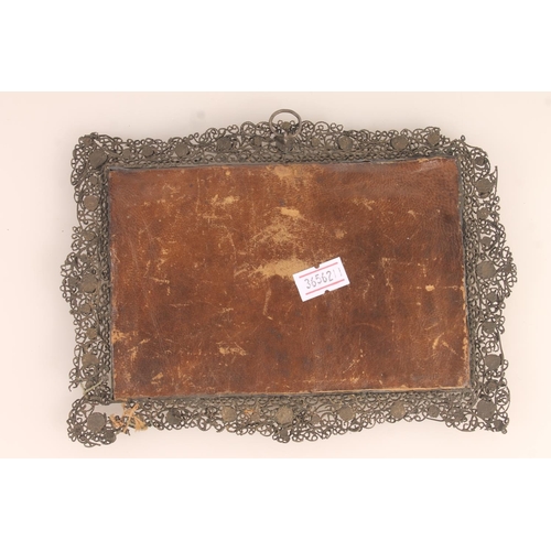 186 - 19thC continental painted porcelain plaque depicting Europa and the Bull in openwork wire and caboch... 