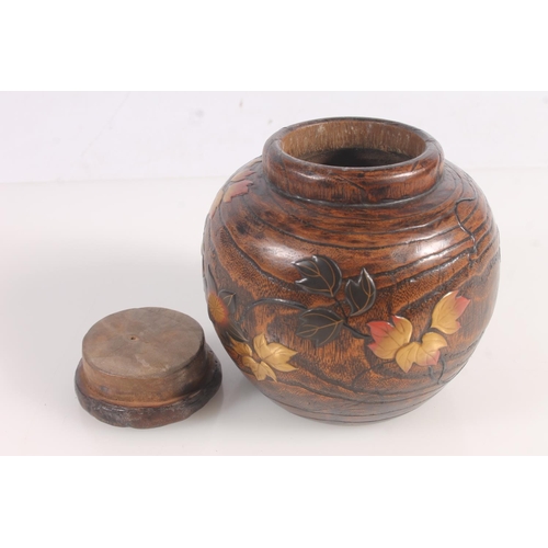 196 - Japanese carved treen jar, lacquer and gilt decorated in raised foliate and butterfly designs, H12.5... 