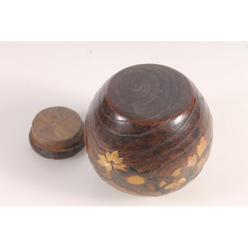 196 - Japanese carved treen jar, lacquer and gilt decorated in raised foliate and butterfly designs, H12.5... 
